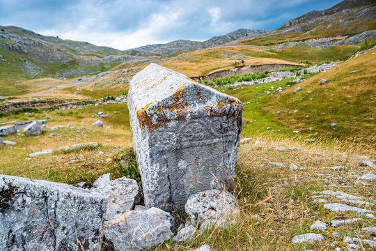 Nekropolis with stecci Police near Baturak mountain, Bosnia and Herzegovina