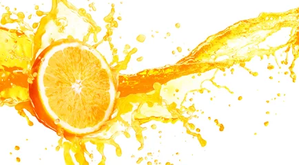 Schilderijen op glas Orange juice splashing with its fruits isolated on white background © lotus_studio