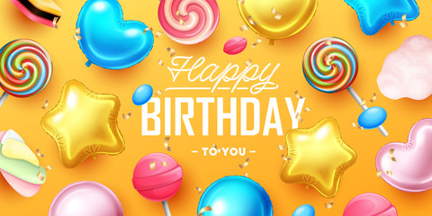 Happy Birthday background with colorful balloons and sweets.  Vector illustration