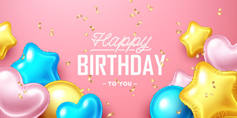 Happy Birthday background with colorful balloons and falling confetti.  Vector illustration