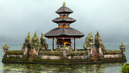 A temple in a foggy and rainy day in Bali, Indonesia