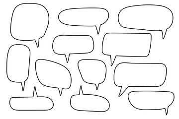 Obraz premium Vector speech bubbles set. Hand drawn speech bubbles set, doodle style, Blank empty vector speech bubbles. Cartoon outline balloon word design.
