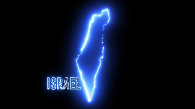 Creative Israel neon electric map. Shiny glowing outline of Israel country with text of ISRAEL