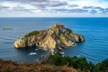 Aerial view of San Juan de Gaztelugatxe islet surrounded by Atlantic Ocean, Bermeo, Basque Country, Spain