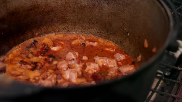 picnic in nature, cooking, in a large cast iron pot preparing a dish, red with meat onions and other components, day, close-up, slow motion