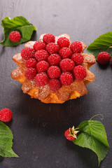 raspberry cake on a black plate