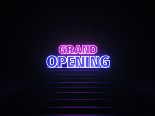 Neon grand opening banner. Sign grand opening in neon light on podium. Purple and blue glow. 3d illustration. 3d rendering trendy design.