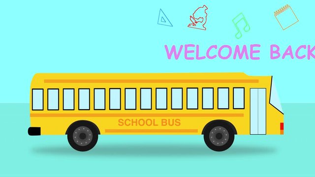 Back to school colourful School Bus looped animation. School Bus travelling on two-tone turquoise background with education symbols. 4k