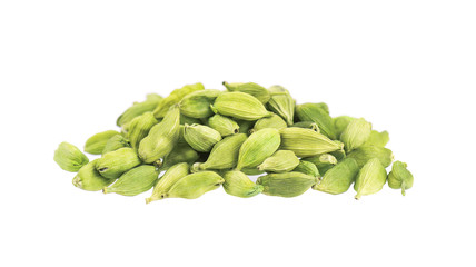 Cardamom pods isolated on white background. Green cardamon seeds. Clipping path.