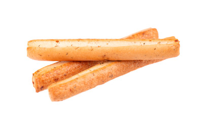 Bread sticks isolated on white background. Grissini, Italian breadsticks with onions and herbs.