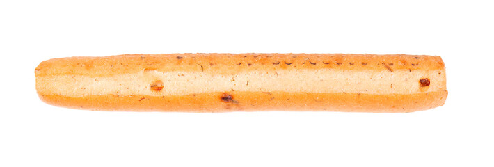 Bread sticks isolated on white background. Grissini, Italian breadsticks with onions and herbs. Top view.