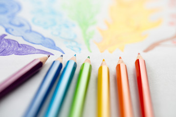 colored pencils on white background close-up in macro