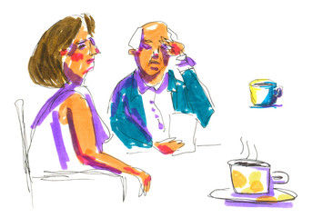 Marker street illustration, sketch, people in street cafe, cartoon style. Isolated on white.