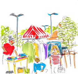 Marker street illustration, sketch, Flea market in Mainz, Germany, cartoon style. Isolated on white.