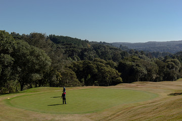 Fototapeta premium Pessoas jogando golfe no campo de golfe com árvores e céu azul 