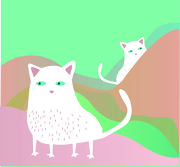 Two white cats with pink ears walk in the mountains. Flat images are made in green, pink, beige.