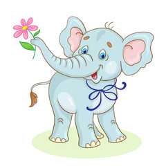 Funny gray little elephant with a flower in his trunk. In cartoon style. Isolated on a white background.