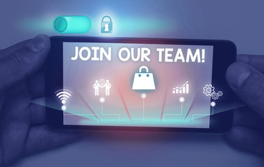 Fototapeta premium Word writing text Join Our Team. Business photo showcasing invite someone to work together for particular purpose target Male human wear formal work suit presenting presentation using smart device