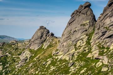 Gorgeous view on top of western Sayan mountain range during summer sunny day in Ergaki national park, Siberia, Russia