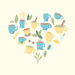 Tea set. Cups and teapots. Vector illustration.