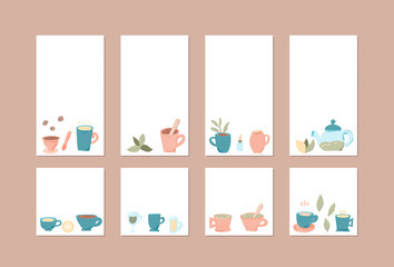 Tea set. Cups and teapots. Vector illustration.