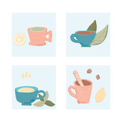 Tea set. Cups and teapots. Vector illustration.