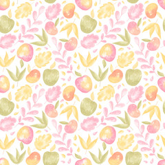 Watercolor pattern with autumn floral elements: leaves and apples. Collection of elements for party, fall festival or Thanksgiving day. Wrapping paper, fabric, posters, backgrounds