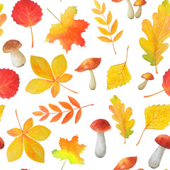 Seamless pattern of autumn leaves and mushrooms. 