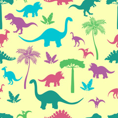 Seamless pattern with colorful dinosaur silhouettes