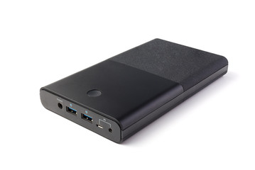 Power bank for charging mobile devices. Black smart phone charger with power bank . Battery bank....