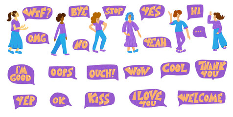 Set of short phrase and girls characters.