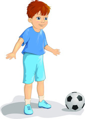 Cute young boy football or soccer player in blue uniform with ball vector illustration. In cartoon style. Clipart Isolated on white background