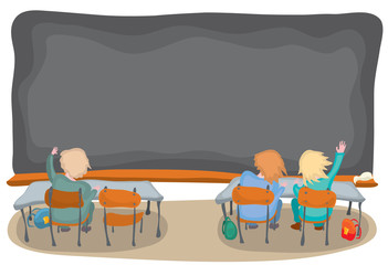 students are sitting at their desks against a clean blackboard. back to school on the day of knowledge