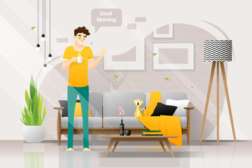 Happy young man holding a cup of coffee and saying good morning to his cat in living room , vector , illustration