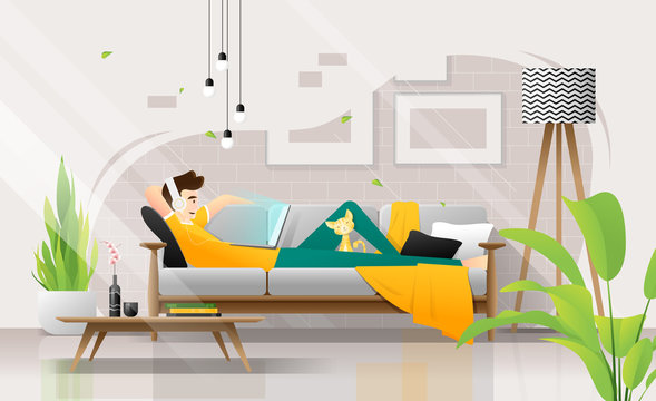 Happy young man lying on sofa with laptop in living room, relaxing weekend at home ,vector , illustration