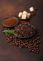 Fresh raw organic coffee beans with ground powder and cane sugar cubes with coffee trea leaf on brown background.