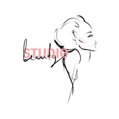 Young woman, beautiful girl with long hair. Hand-drawn and calligraphic design elements on the theme of beauty and hairdressing. Fashion illustration. Sketch, vector.
