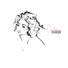 Young woman, beautiful girl with curly hair. Hand-drawn portrait. Fashion illustration. Sketch, vector.