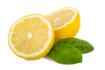 fresh lemons halves with green leaves  isolated on white background