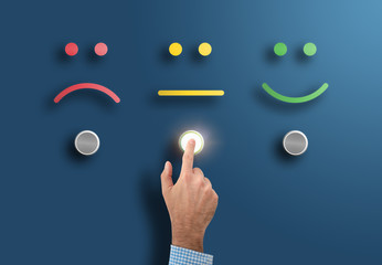 customer service rating and survey concept with hand touching interface button with neutral face