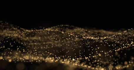 Golden glitter, light particles wave, golden sparks glow and light wave with bokeh shimmer on black background