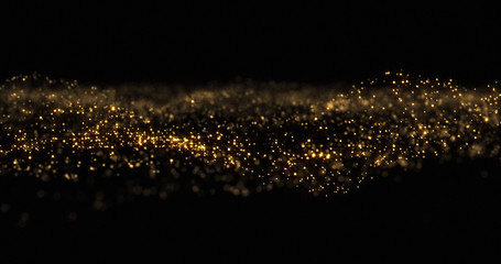 Gold glitter wave background, shining golden particles, glittering dust light. Gold glow and shimmering sparkles shine, abstract magic bright sparks