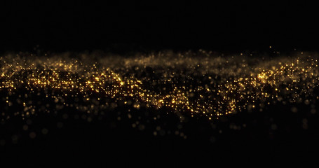 Gold glitter particles, shining gold sparks wave background. Gold glow and shimmering sparkles shine, abstract magic bright sparks in wave motion