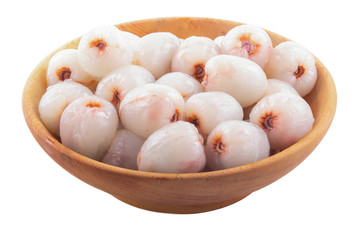 heap of peeled lychees isolated on white background in wooden plate