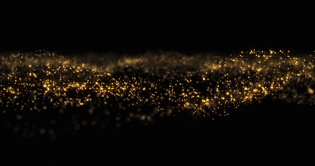 Fototapeta na wymiar Gold glitter particles shine wave, shining gold sparks and yellow glittery bokeh light background. Gold glow and shimmering sparkles shine, abstract magic bright sparks in wave motion