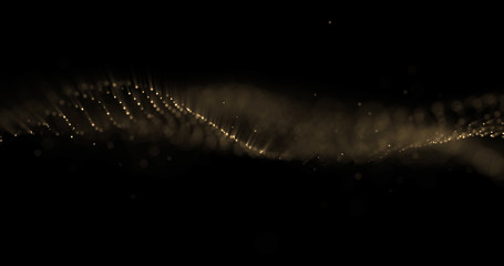 Gold glitter particles wave, glittering golden sparks, bokeh shimmering light shine wave. Gold shimmer glow sparkles, sparkling particles glare light on black background