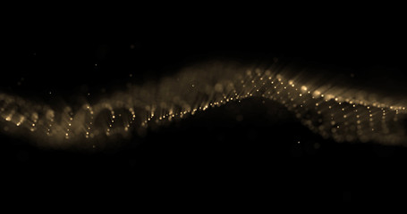 Gold glitter particles wave, glittering golden sparks, shimmering light shine. Gold shimmer glow sparkles, sparkling particles, bokeh light wave background