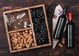 Bottles of red wine on wood with empty glasses with dark grapes with corks and corkscrew inside...