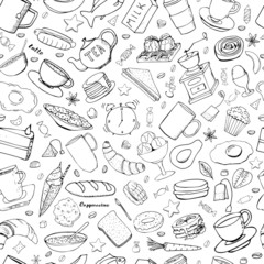 Vector background with breakfast, lunch, coffee, tea, snacks. Useful for packaging, menu design and interior decoration. Hand drawn doodles.  Seamless pattern of food elements on white background.