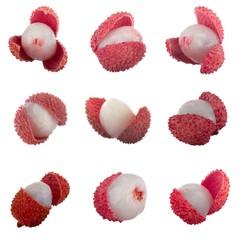 set of shelled lychees isolated on white background